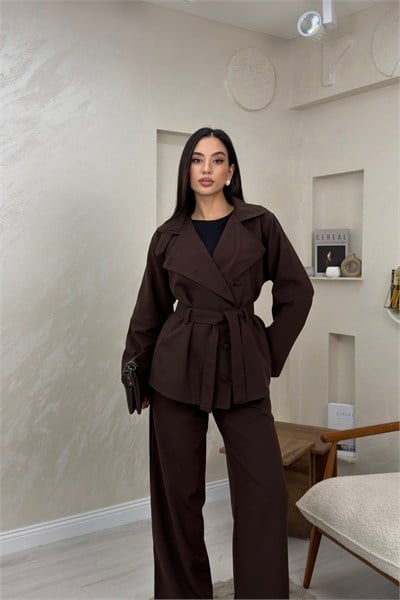 Yoland Kahve Renkli Kuşaklı Ceket Pantolon Kadın Takım