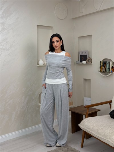 Tessa Gri Omuz Açık Bluz Bol Paça Pantolon Kadın Takım