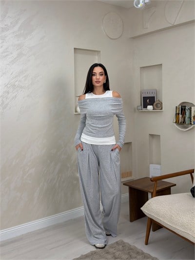 Tessa Gri Omuz Açık Bluz Bol Paça Pantolon Kadın Takım