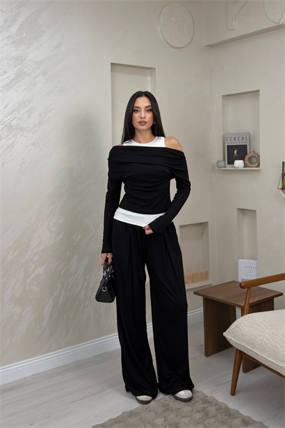Tessa Siyah Omuz Açık Bluz Bol Paça Pantolon Kadın Takım