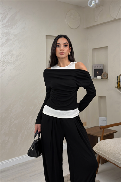 Tessa Siyah Omuz Açık Bluz Bol Paça Pantolon Kadın Takım