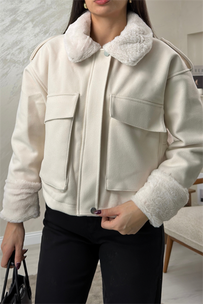 Vanessa Bej Renkli Kurk Yaka Detaylı Kadın Mont | miraylawear