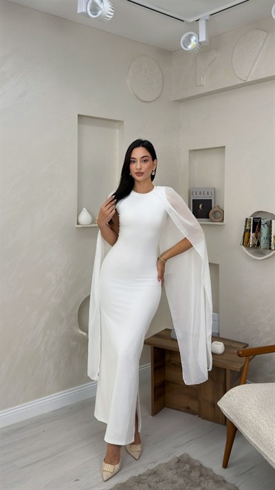 Violet Beyaz Renkli Tul Pelerin Detaylı Kadın Maxi Elbise