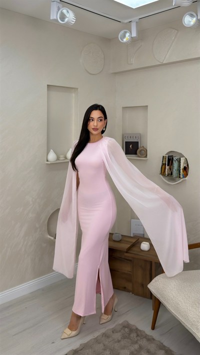 Violet Pembe Renkli Tul Pelerin Detaylı Kadın Maxi Elbise