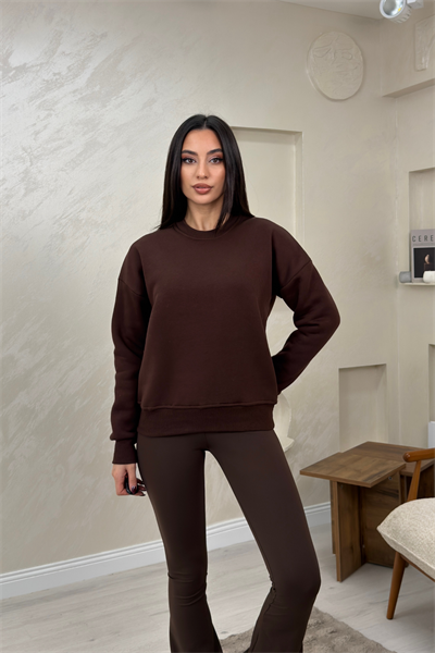 Willow Kahve Renkli Yuvarlak Yaka Kadın Sweatshirt