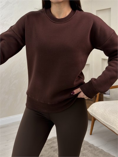 Willow Kahve Renkli Yuvarlak Yaka Kadın Sweatshirt