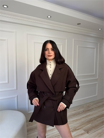 Apolet Detaylı Kemerli Kısa Kaban - KAHVE