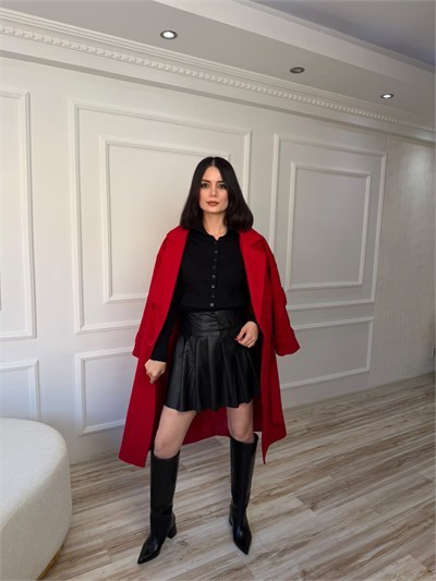 Apolet Detaylı Kemerli Uzun Kaban - KIRMIZI