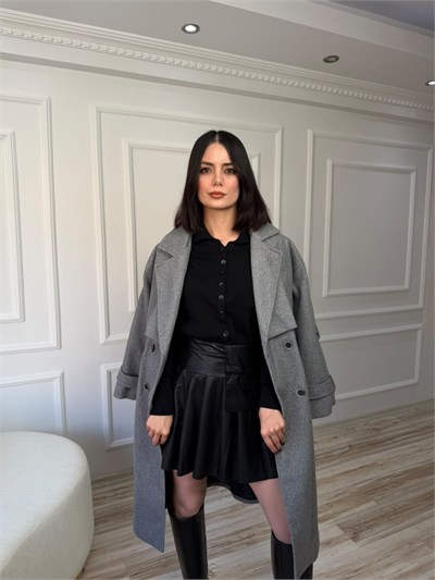 Apolet Detaylı Kemerli Uzun Kaban - GRİ