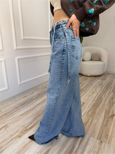 Bel Bağcıklı Geniş Paça Denim Pantolon - KOYU KAR YIKAMA