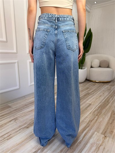 Bel Bağcıklı Geniş Paça Denim Pantolon - KOYU KAR YIKAMA