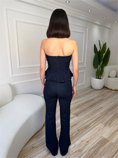 Taş İşlemeli Straplez Üst ve İspanyol Paça Denim Takım - LACİ