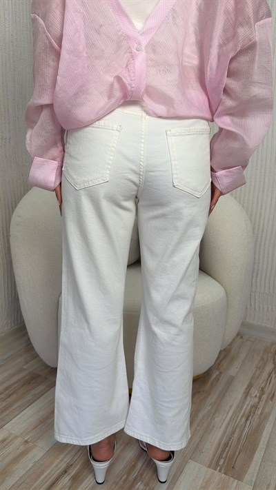 Çiçek Nakış Detaylı Wide Leg Kot Pantolon - BEYAZ