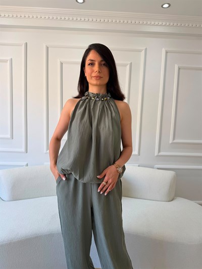 Halter Yaka Taş Detaylı Şalvar Pantolon İkili Takım - HAKİ