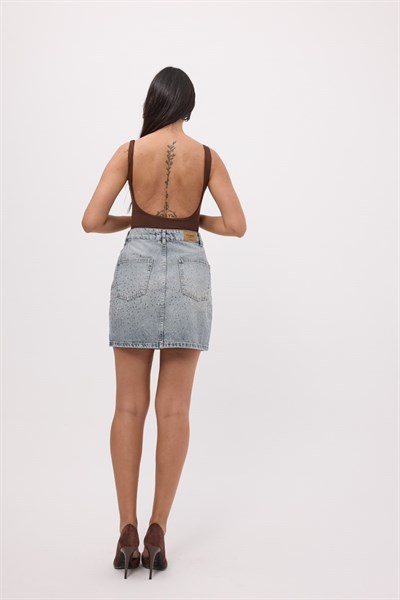 Taş İşlemeli Yüksek Bel Denim Mini Etek - MAVİ