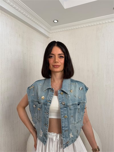 Aksesuar Detaylı Denim Yelek - MAVİ