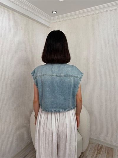Aksesuar Detaylı Denim Yelek - MAVİ