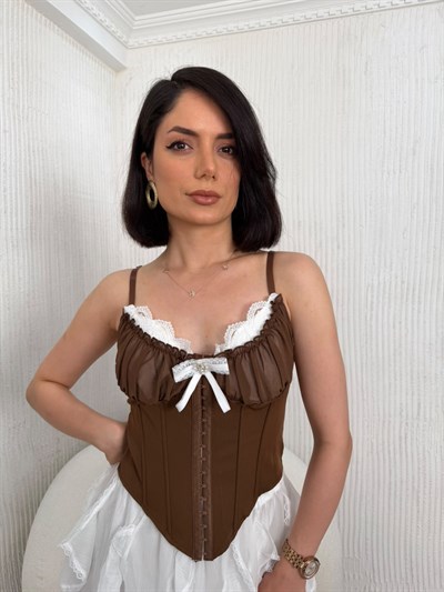 Dantel Şeritli Fiyonk Detaylı Önden Agraflı Korse Büstiyer - KAHVE