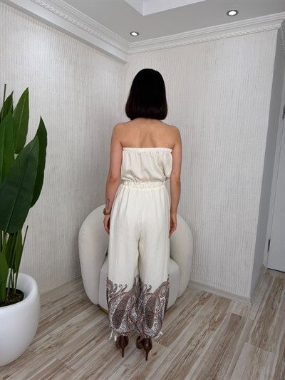 Straplez Beli Lastikli Paçası Şal Desenli Şalvar Tulum - EKRU