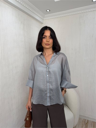 Çizgili Oversize Salaş Tunik - KAHVE-MAVİ