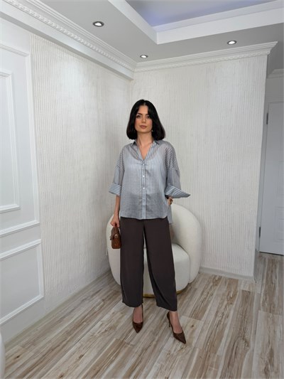 Çizgili Oversize Salaş Tunik - KAHVE-MAVİ