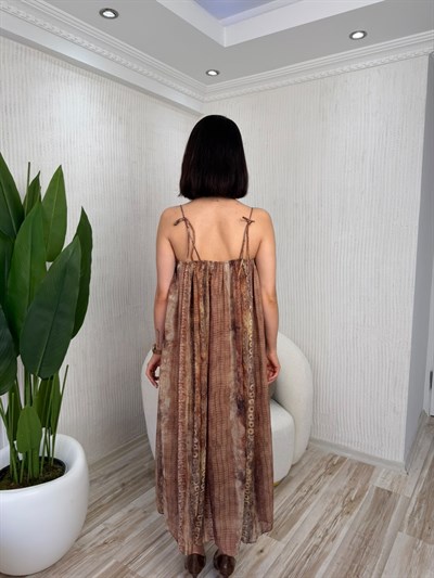 Omuzdan Bağlamalı Soyut Desenli Uçuş Uçuş Maxi Boy Elbise - CAMEL