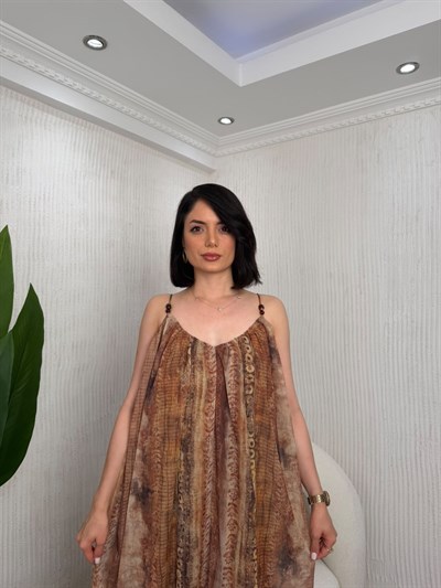 Omuzdan Bağlamalı Soyut Desenli Uçuş Uçuş Maxi Boy Elbise - CAMEL