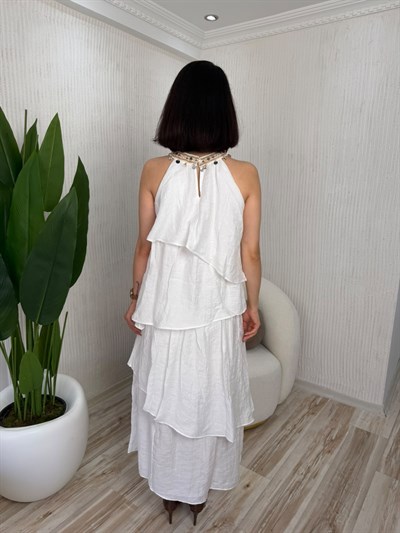 Boncuk İşlemeli Halter Yaka Kat Kat Volanlı Maxi Boy Elbise - EKRU