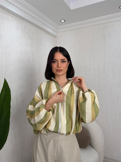 Çizgili Fermuarlı Crop Bomber Ceket - YEŞİL