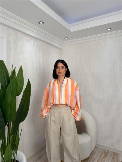 Çizgili Fermuarlı Crop Bomber Ceket - PEMBE