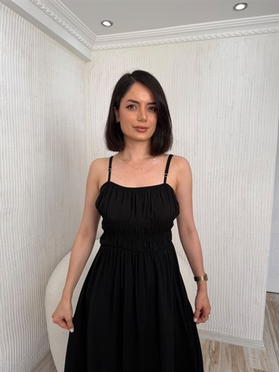 Büzgü Detaylı Askılı Midi Elbise - SİYAH
