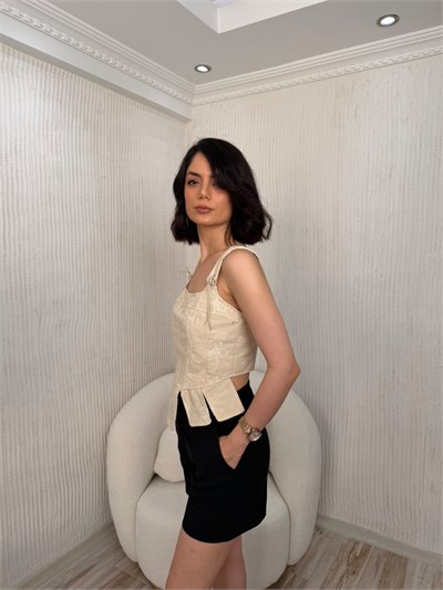 Nakış Detaylı Fermuarlı Bustiyer - NATURAL
