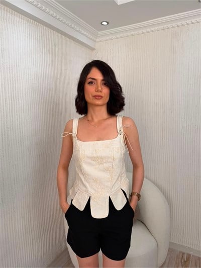 Nakış Detaylı Fermuarlı Bustiyer - TAŞ