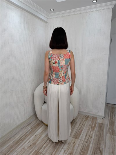 Fermuarlı Patchwork Bağcık Detaylı Bluz - MAVİ