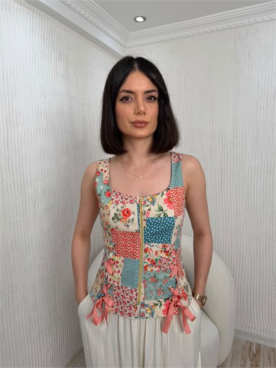 Fermuarlı Patchwork Bağcık Detaylı Bluz - MAVİ