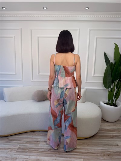 Desenli Askılı Bluz Pantolon Takım - ORANGE