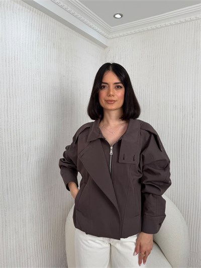 Dik Yaka Kısa Trençkot - KAHVE