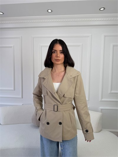 Kemerli Dik Yaka Kısa Trençkot - TAŞ