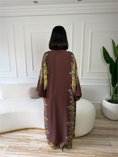 Desenli Büstiyer Pantolon Kimono Üçlü Takım - KAHVE