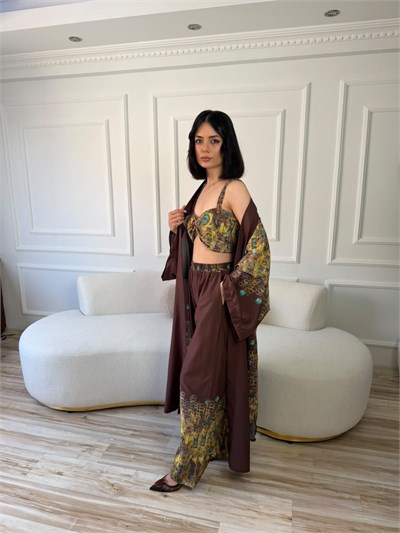 Desenli Büstiyer Pantolon Kimono Üçlü Takım - KAHVE