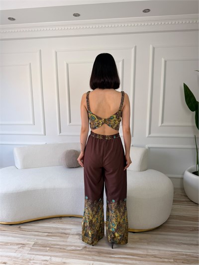 Desenli Büstiyer Pantolon Kimono Üçlü Takım - KAHVE