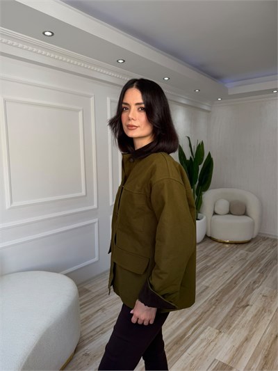 Kadife Yaka Cep Detaylı Kaban - HAKİ