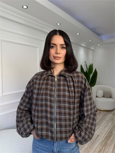 Ekose Desenli Fermuarlı Oversize Mont - KAHVE-İNDİGO