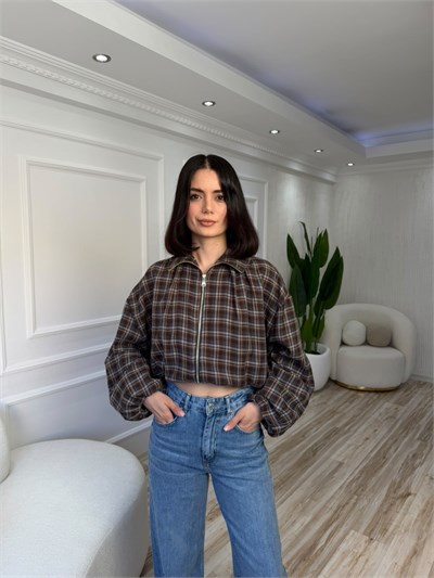 Ekose Desenli Fermuarlı Oversize Mont - KAHVE-İNDİGO