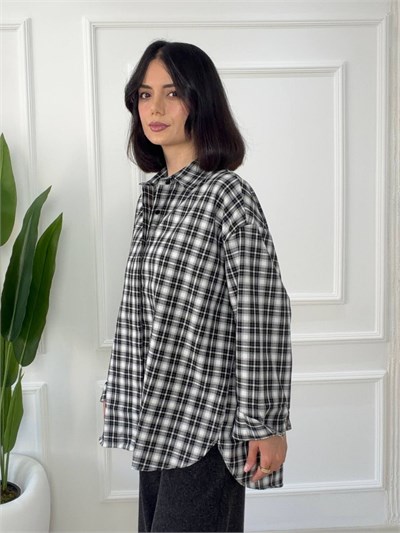 Arkası Düğmeli Ekose Oversize Gömlek - SİYAH