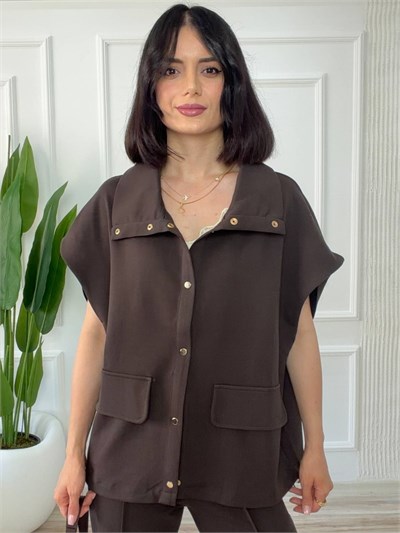 Çıtçıtlı Cepli Yelek Pantolon Takım - KAHVE