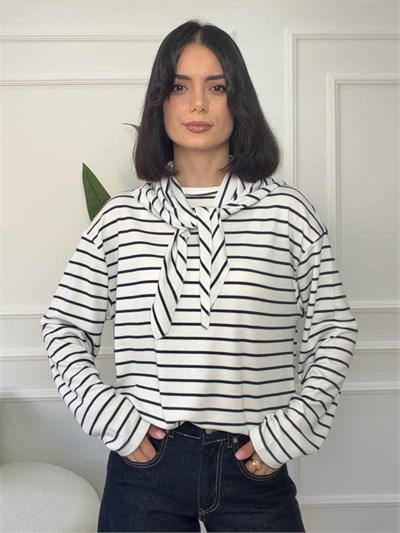 Çizgili Şal Detaylı Salaş Bluz - EKRU