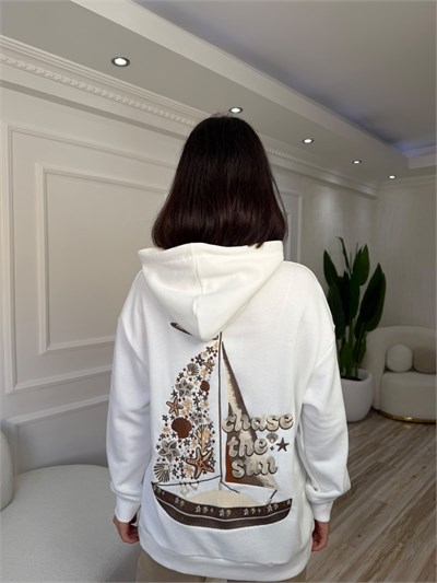 Yelken Nakışlı Kapüşonlu Uzun Sweatshirt - EKRU