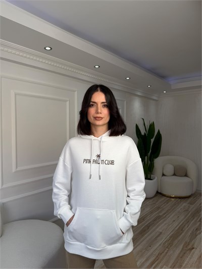 Yelken Nakışlı Kapüşonlu Uzun Sweatshirt - EKRU