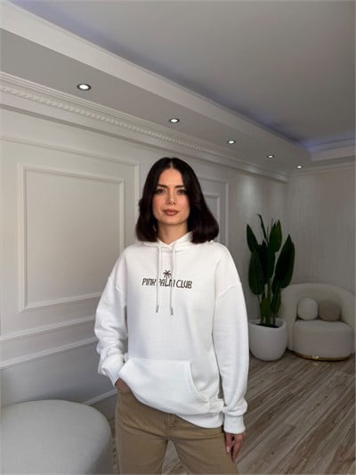 Yelken Nakışlı Kapüşonlu Uzun Sweatshirt - EKRU